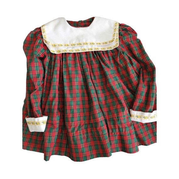 80s red plaid girls toddler dress embroidered col… - image 1