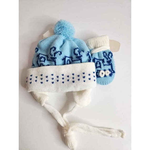 Vintage blue white knit baby hat mitten set tie c… - image 1