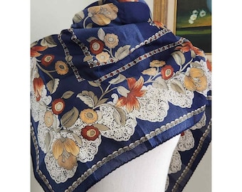 80s navy blue gold floral square fashion scarf Made in Italy 35x35