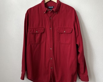 Vtg 90s Cherokee rojo algodón sarga hombres manga larga botón hasta camisa sz L tarea