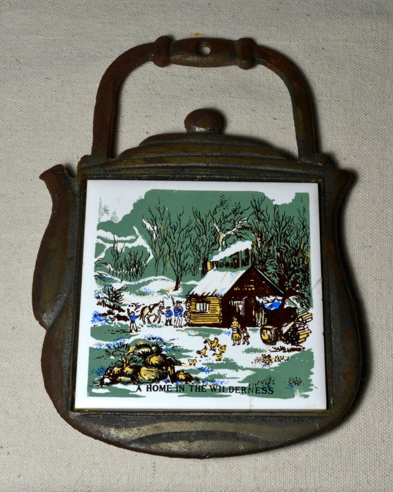 Vintage Cast Iron Kettle Trivet Country Log Cabin Scenic Tile Etsy