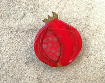 Pomegranate/ Wood pomegranate/ Red pomegranate/ Fruit brooch/Epoxy resin/ Laser cut