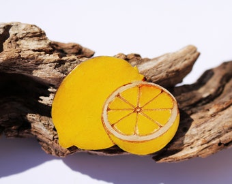 Lemon/ Fruit brooch/ Wooden jewelry/ Epoxy resin