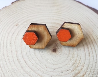 Geometric earrings  Hexagon earrings Wood jewellry Mini studs Laser cut earrings Minimalist jewellry