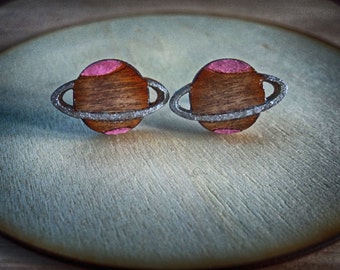 Mini planets studs Hand painted earrings Cute laser cut planets Wood jewellery Silver pins 925 Wood laser cut earrings