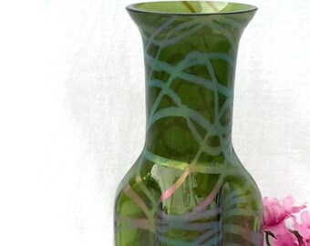 Price Drop! Art Glass Vase, Green with Iridescent Blue and Amethyst Overlay, Hand Blown and Pinched