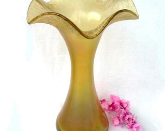 Price Drop! Mid Century Tall Stretch Glass Vase, Bohemian, Iridescent Gold, Czech C. 1950's