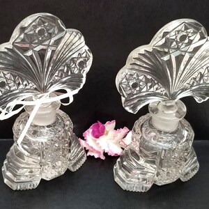 Pair Art Deco Perfume Bottles with Fan Stoppers Vintage Pressed Glass image 2