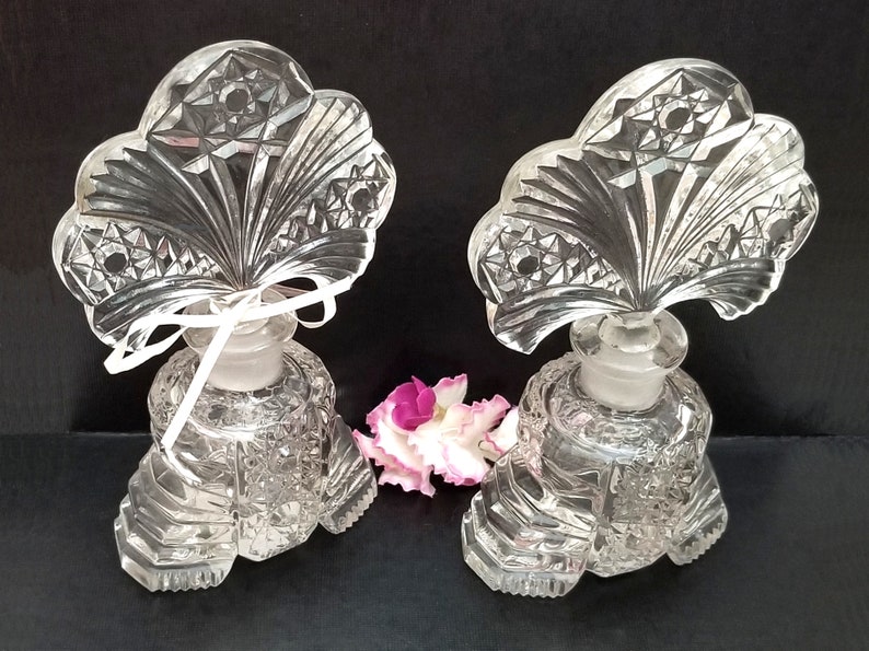 Pair Art Deco Perfume Bottles with Fan Stoppers Vintage Pressed Glass image 2