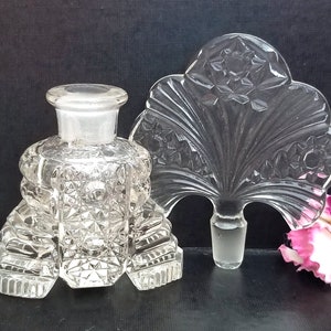 Pair Art Deco Perfume Bottles with Fan Stoppers Vintage Pressed Glass image 3