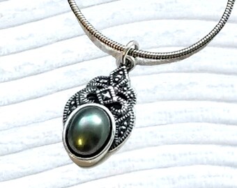 Price Reduced! Black Cultured Pearl Pendant in Sterling Silver with 16-inch Sterling Snake Chain, Genuine Pearl in Art Nouveau Style Setting