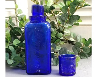 Cobalt Square Medicine Bottle w/Dose Cap Vintage J. Wyeth & Bro. Bottle