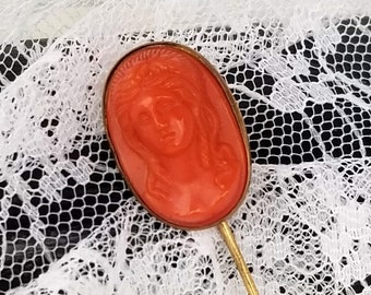 Price Reduced! Antique Hand Carved Coral Stickpin, Highly Detailed, Victorian Era Neoclassical Cameo in Gold Setting, Holiday Gift