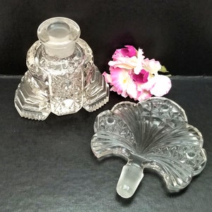 Pair Art Deco Perfume Bottles with Fan Stoppers Vintage Pressed Glass image 8