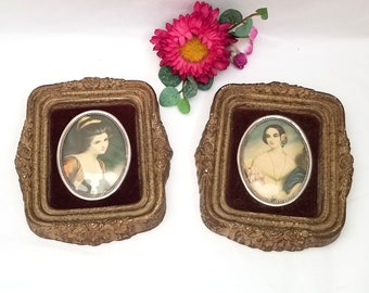 Pair Pretty Lady Prints Small Framed Antique Portraits