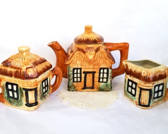 Cottageware Tea Set Made in Japan Vintage Teapot Creamer Sugar Bowl Ca. 1950's