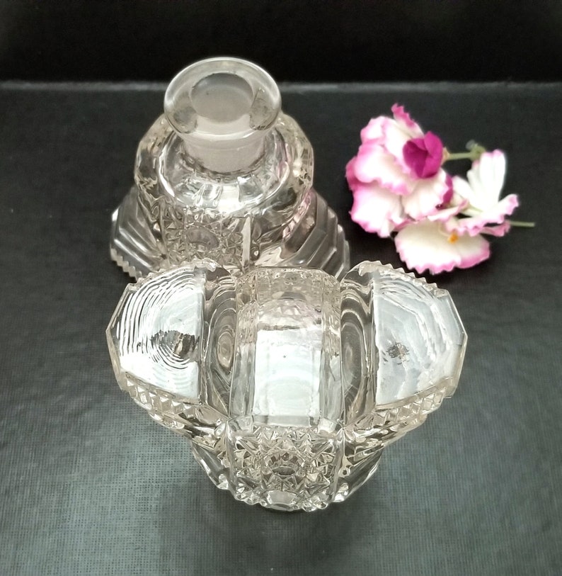 Pair Art Deco Perfume Bottles with Fan Stoppers Vintage Pressed Glass image 6