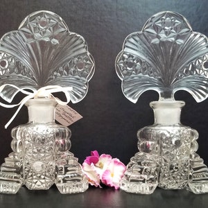 Pair Art Deco Perfume Bottles with Fan Stoppers Vintage Pressed Glass image 1