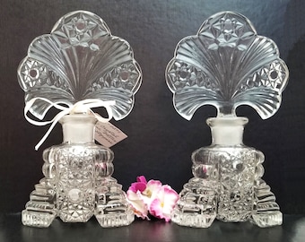 Pair Art Deco Perfume Bottles with Fan Stoppers Vintage Pressed Glass