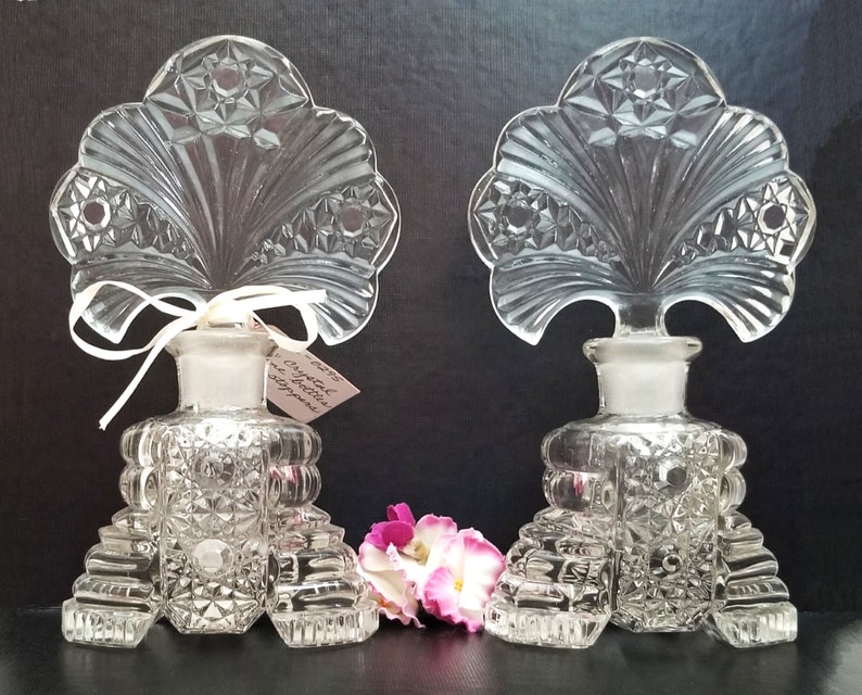 Pair Art Deco Perfume Bottles with Fan Stoppers Vintage Pressed Glass image 1