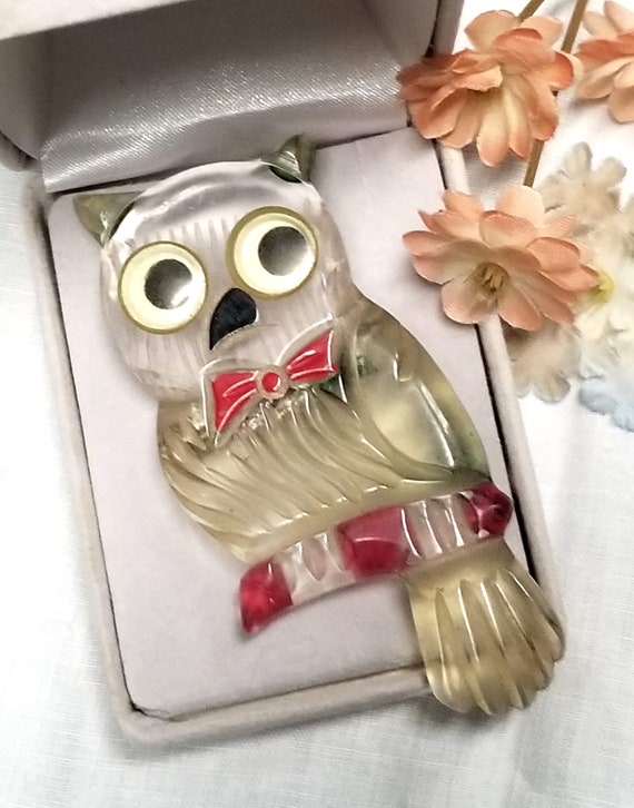 Price Drop! Hand Carved Lucite Owl Brooch 1940's H