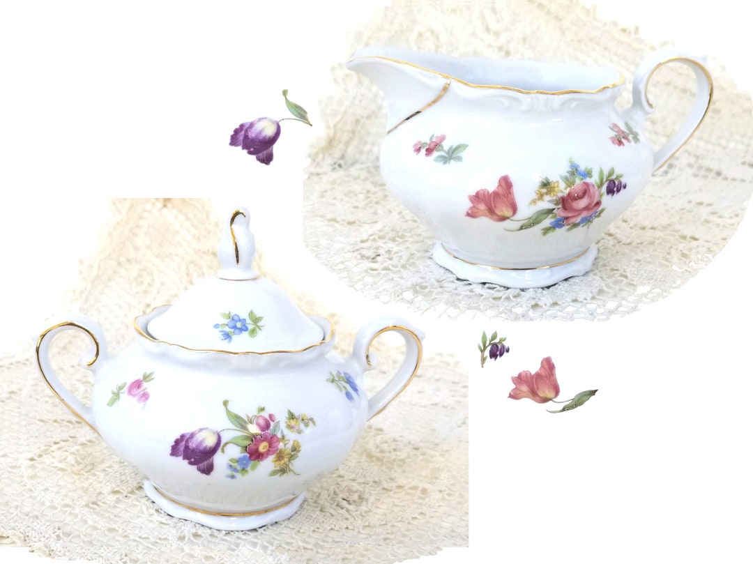 Bavarian Sugar Bowl and Creamer Mid Century Made in Germany Floral