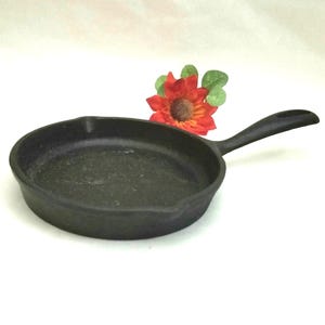 May include: A small, black cast iron skillet with a long handle. The pan is round with a slightly textured surface. A red and orange flower with green leaves is in the background.