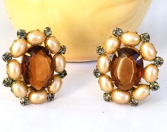 Carnegie Smoky Topaz Glass & Faux Pearl Earrings with Rhinestones Designer Fashion Jewelry