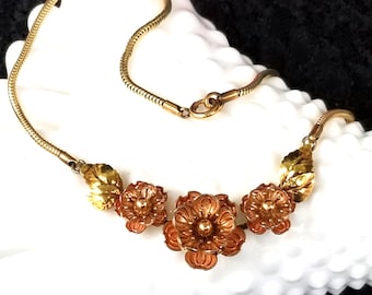 Krementz Gold Plated Necklace Vintage 3-Dimensional Floral Design