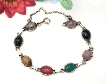 Scarab Link Gold Filled Bracelet Semi-Precious 8-Stone Egyptian Revival Style