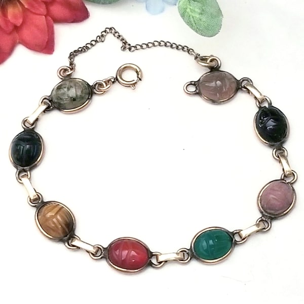 Scarab Link Gold Filled Bracelet Semi-Precious 8-Stone Egyptian Revival Style