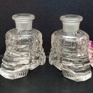 Pair Art Deco Perfume Bottles with Fan Stoppers Vintage Pressed Glass image 4