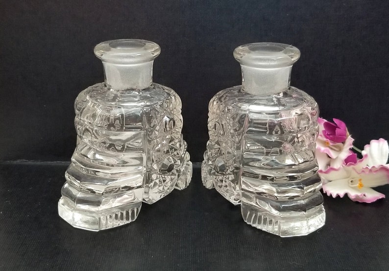 Pair Art Deco Perfume Bottles with Fan Stoppers Vintage Pressed Glass image 4