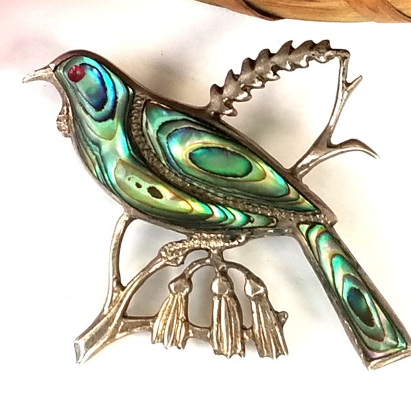 Sterling Zilver en Paua Shell Vogel Broche Vintage Boho Abalone Pin