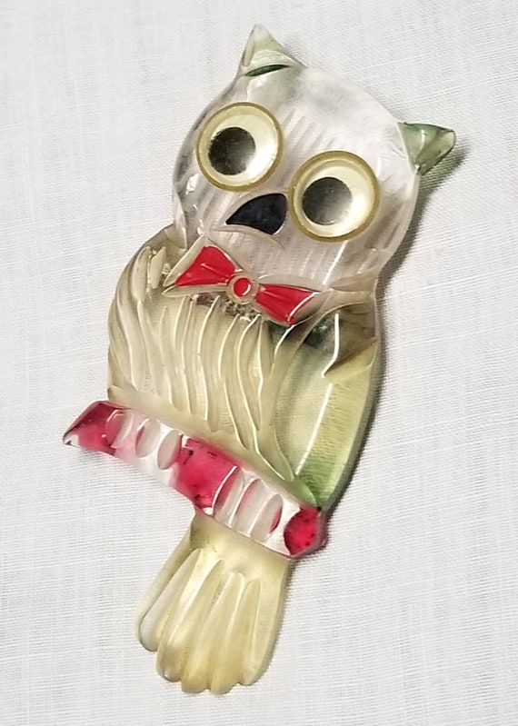 Price Drop! Hand Carved Lucite Owl Brooch 1940's … - image 7