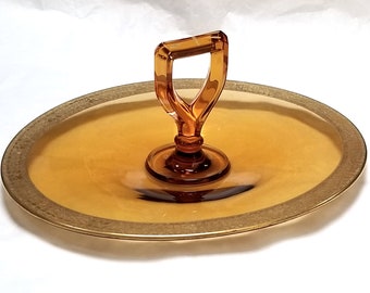 Amber Center Handled Server, Oval with Art Nouveau Gold Decoration, Cambridge Glass Co. Ca. 1928