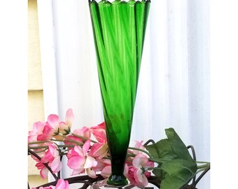 Green Art Glass Vase with Crystal Foot, Vintage Table Decor