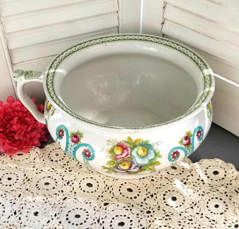Polychrome Floral Chamber Pot Antique Vitreous China Potty image 5