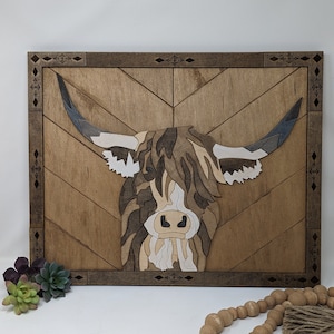 Highland Cow bevat lijst en achtergrond, SVG, laserbestand, digitaal bestand, glowforge, Sampson Highland Cow