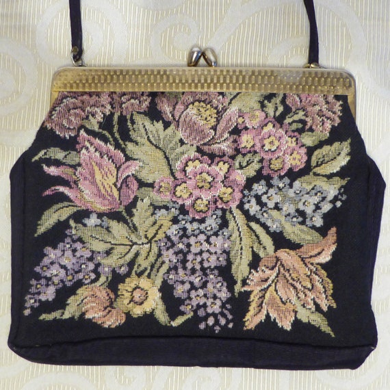 Vintage Evening Day Bag Faux Tapestry Handbag Flo… - image 10