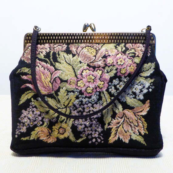 Vintage Evening Day Bag Faux Tapestry Handbag Flo… - image 2