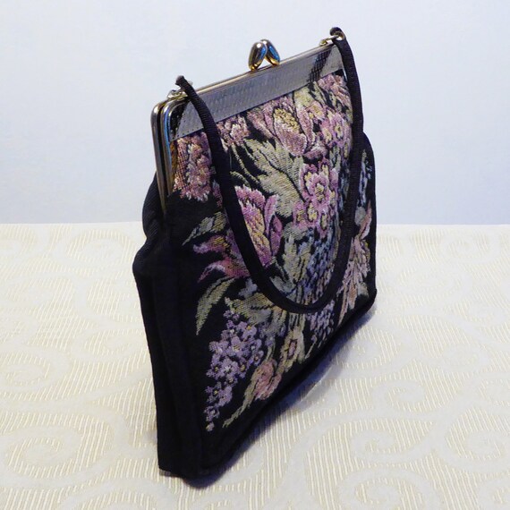 Vintage Evening Day Bag Faux Tapestry Handbag Flo… - image 3