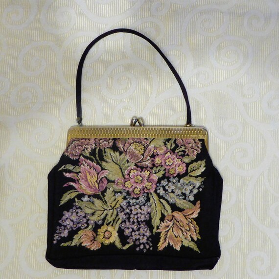 Vintage Evening Day Bag Faux Tapestry Handbag Flo… - image 1