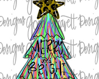 Merry and Bright Colorful Tree PNG for Sublimation or Print