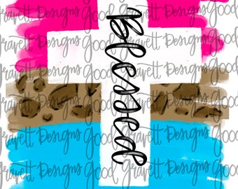 Blessed Cross with Watercolor/leopard Background PNG for Sublimation or Print