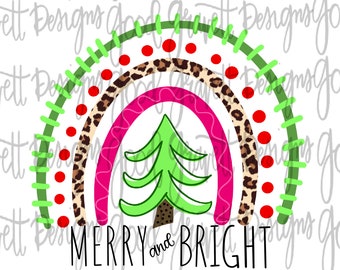 Merry and Bright Christmas Rainbow PNG for Sublimation or Print