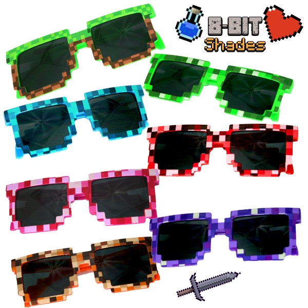 8 Pack of Retro 8-Bit Sunglasses / Pixel Party Shades Youth Kids & Adults / 80s Birthday / Video Game Party Favors / Teachers Treasure Box