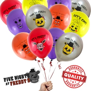 May include: A bunch of colorful balloons with different Five Nights at Freddy's characters printed on them. The balloons are tied together with red ribbons and held by a hand. The balloons have the text "Let's Party!" and "Time to Party!" printed on them.