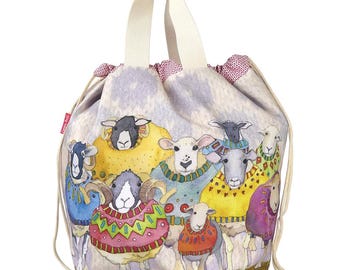 Emma Ball Sheep in sweater large bucket bag, drawstring project bag, knitting storage tote, sheep lover gift, farm animal organizer