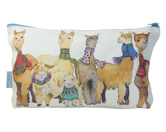 Emma Ball Alpacas and Friends Cotton Zipped Pouch, Felted sheep zipped pouch, Large Cosmetic Bag and Project Bag
